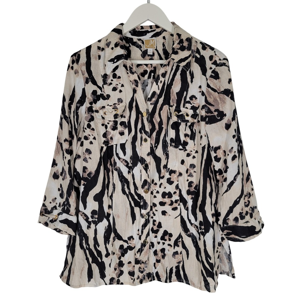 JM Collection Button Front Shirt Womens 14 Tan Black 100% Linen Animal Print 3/4